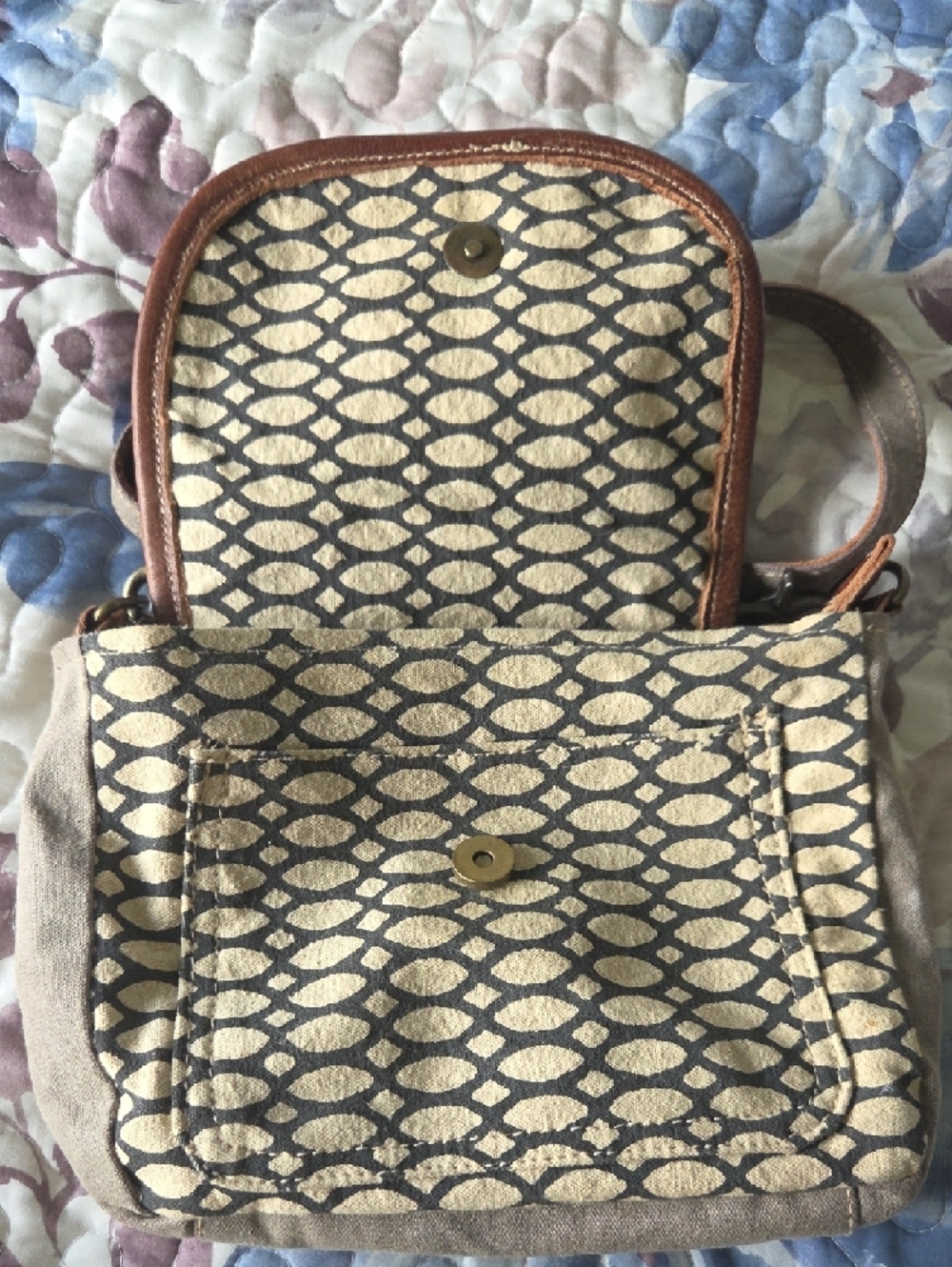 Myra Bag Gray Fur Flap Crossbody with Brown Trim - Picture 2 of 4